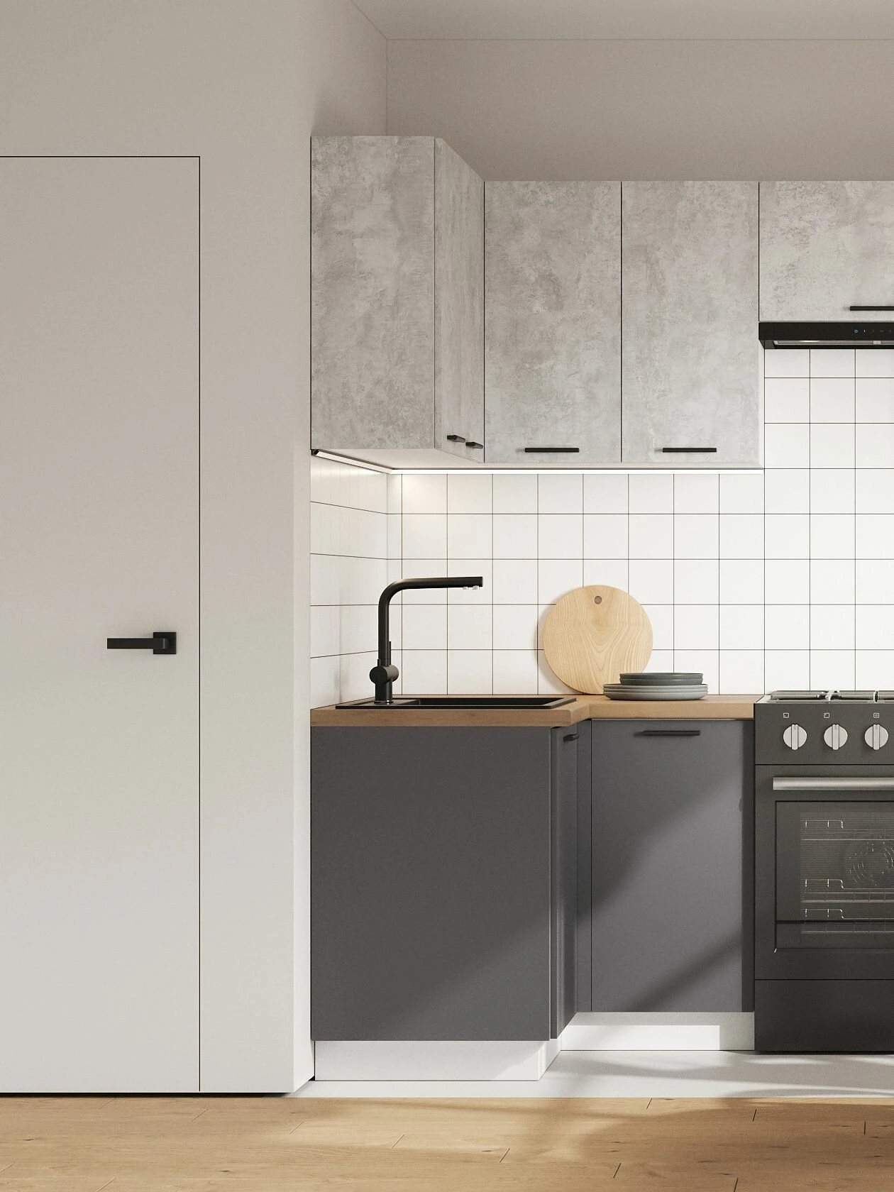 Кухонный гарнитур угловой Урбан 2.1х1 м, мебель для дома и кухни, Белый / Цемент светлый / Графит серый