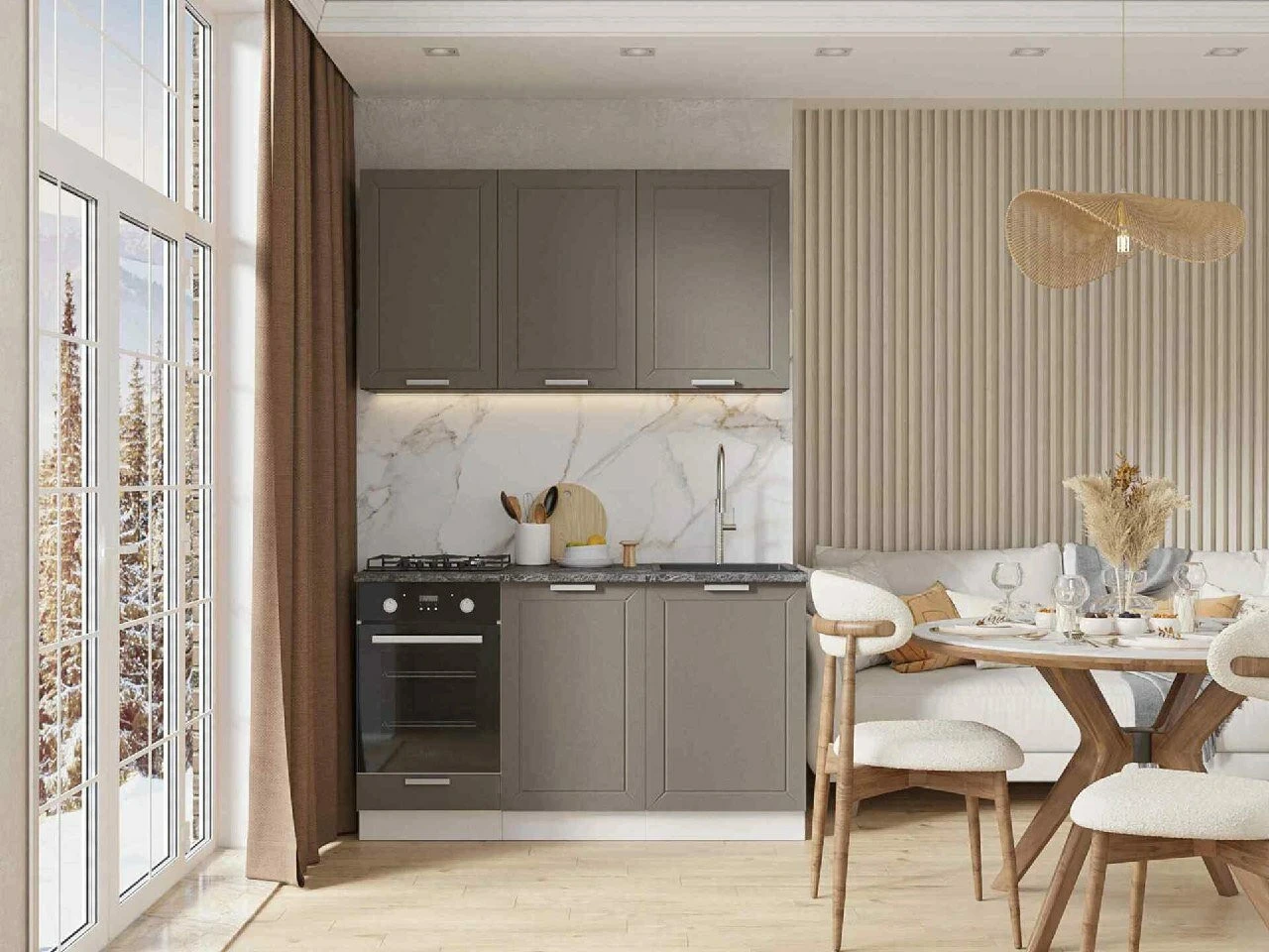 Модульная кухня Альфа 140х200х60 см, цвет холст вулкан/белый/кастилло темный